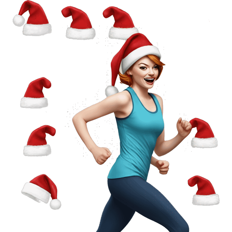 Emma stone running wearing a santa hat emoji