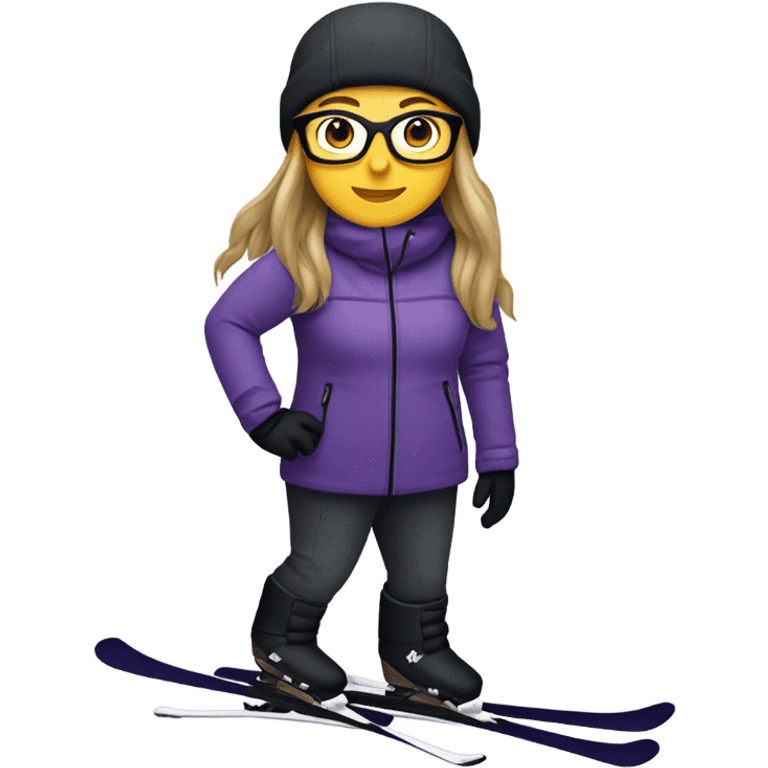 chubby female skier with long straight hair, glasses, grey purple snow jacket, long black pants, black only snow boots and black skis. emoji