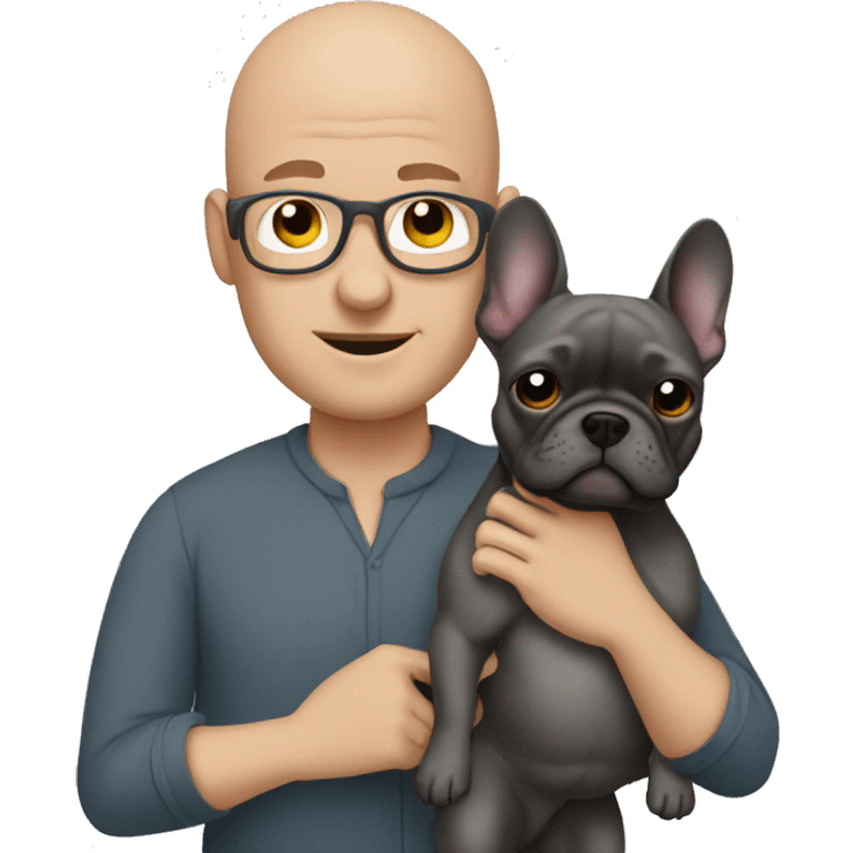 Bald man holding dark grey french bulldog  emoji