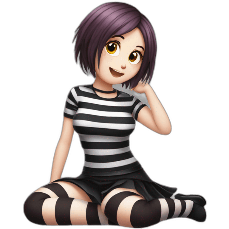 Full body Front view curvy emo girl sits on the floor straight view hands up black skirt striped stockings emoji