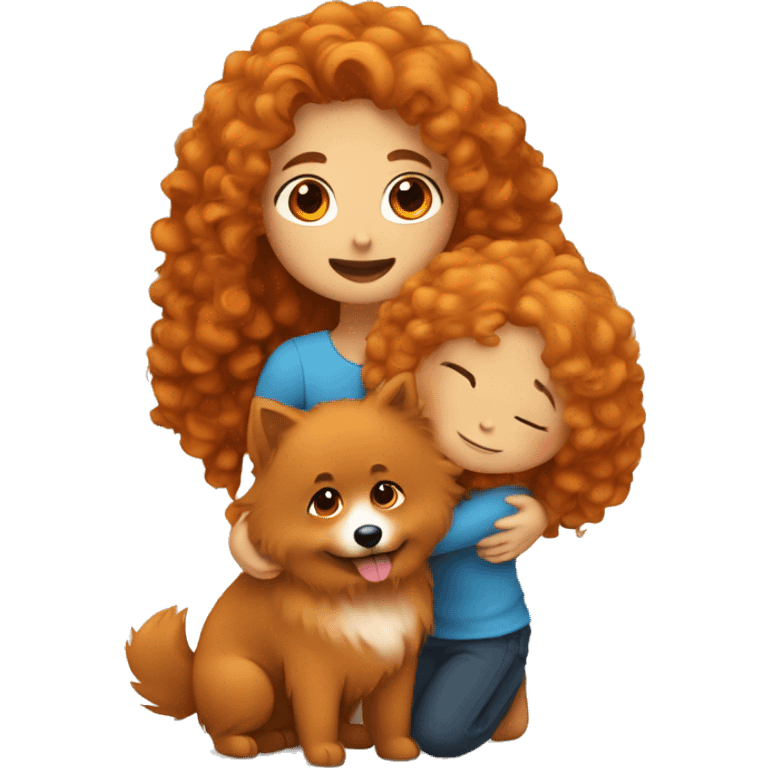 Girl with curly long brown hairs hugs orange spitz nain emoji