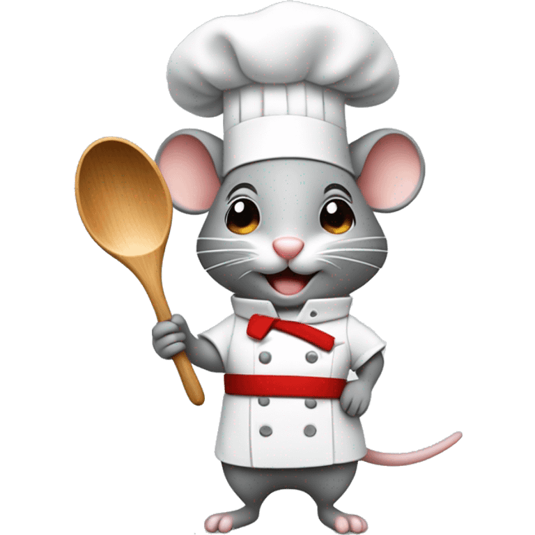 cute grey mouse wearing a chef’s hat holding a wooden spoon on one arm and a salad on the other  emoji