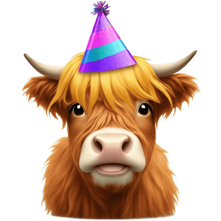 Mini highland cow with birthday hat emoji