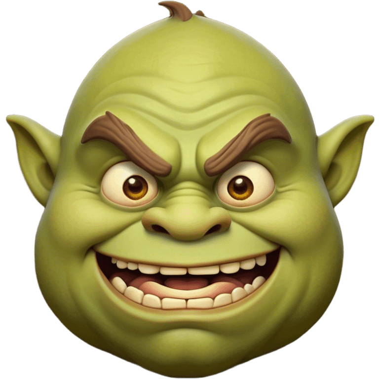 Cinematic Comical Ogre Portrait Emoji, with a strikingly exaggerated, bulky figure in vivid earthy greens and browns, head tilted in a dramatically surprised expression with wide, comically bulging eyes and a goofy, oversized grin, simplified yet hilariously exaggerated, highly detailed with a soft, cartoonish glowing outline capturing the playful absurdity of a meme-worthy ogre! emoji