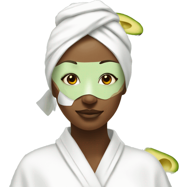 woman with white robe on, green skincare mask, avocados on eyes, and white towel wrapped around head emoji