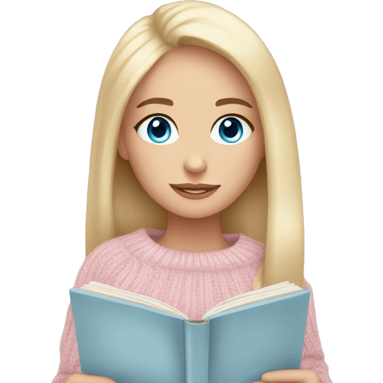 Pretty blue eyed white girl with light pink sweater reading cozy emoji