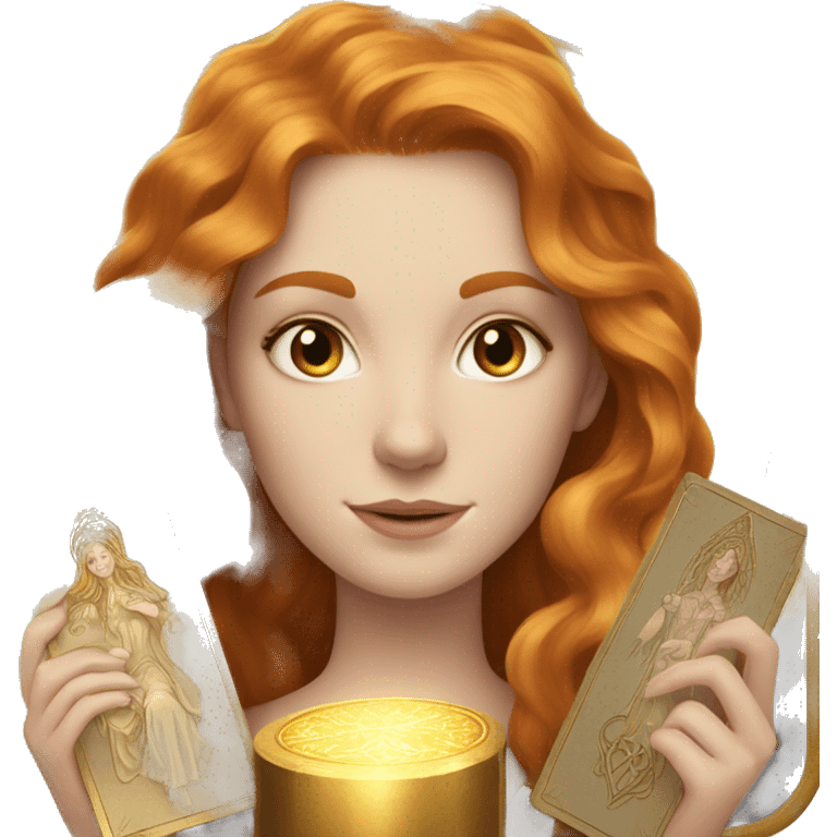 beautiful white girl with long ginger hair, light brown eyes and holding gold tarot cards  emoji