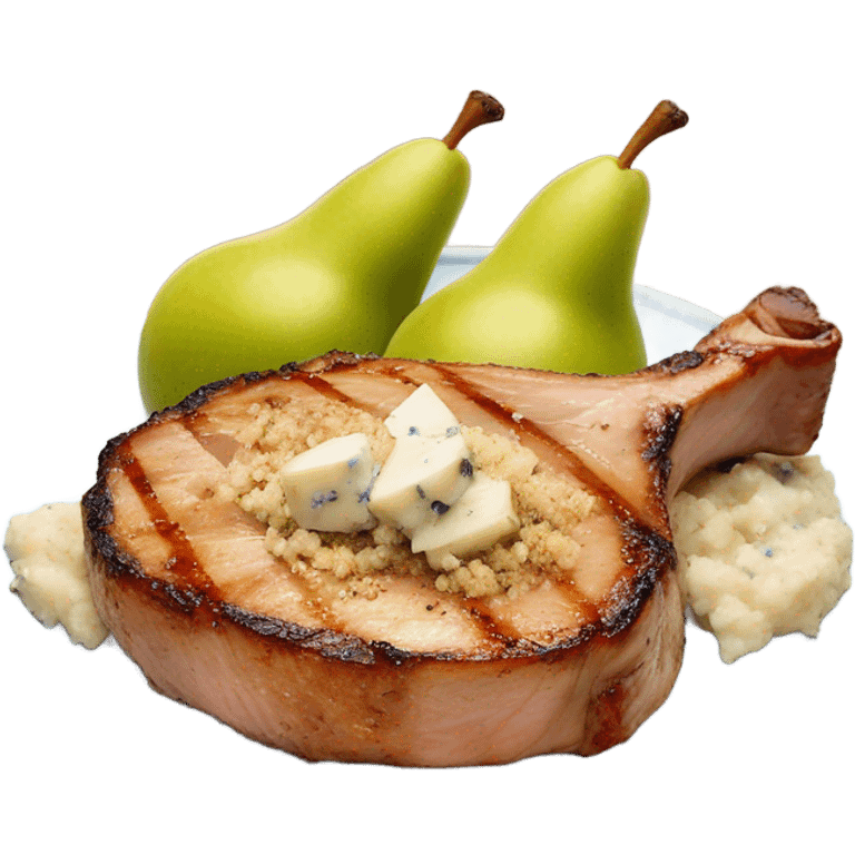 Pork chops with sliced pears and blue cheese crumble emoji