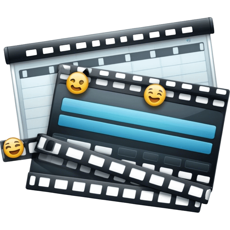 Create an emoji representing video editing. The design should feature a video editing software interface with a visible timeline, video clips, and audio tracks. Include elements like a film strip or a clapperboard to represent the filmmaking aspect. No smiley faces. Make the background transparent. emoji