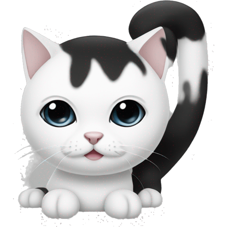 white cat with black ears,black dot above right eye, black tail and has black dot on right side of body emoji