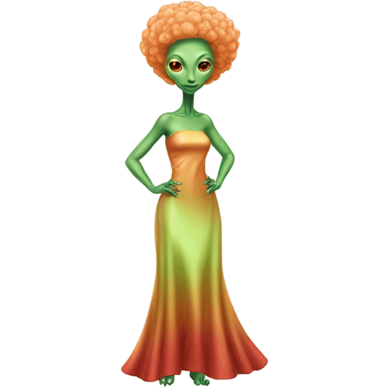 reptilian green alien woman, in long slim pastel orange formal party satin dress with gradient shiny sparkling dark red, full figure, full body emoji