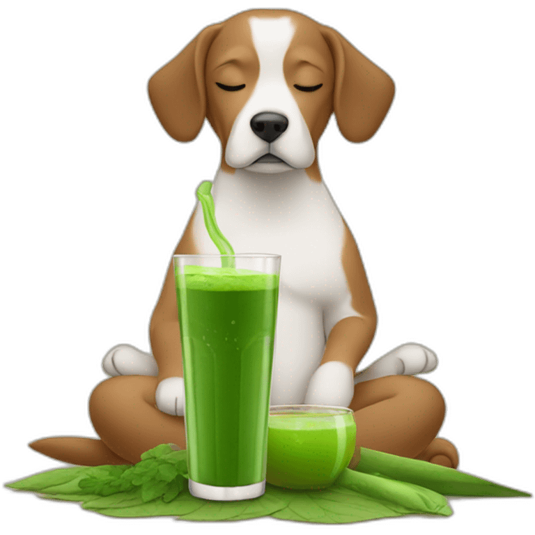 meditating dog drinking green juice with eyes closed on the farm emoji