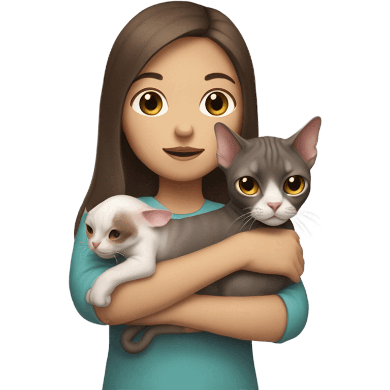 A white asian girl with brown long hair holds a sphinx cat in her arms emoji