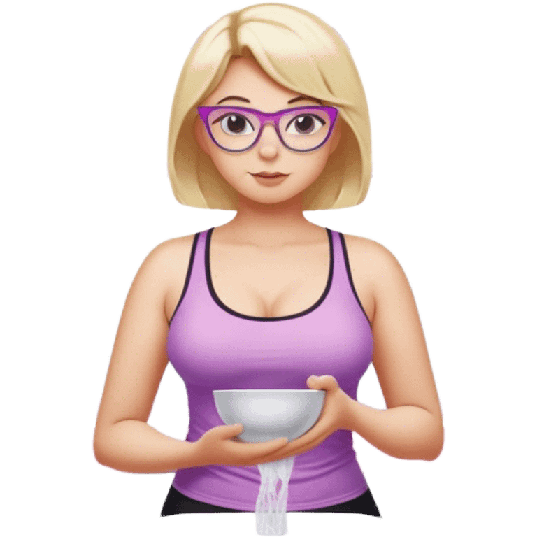 Seductive, Curvy fair skinned woman, short blond hair, small light purple reading glasses, washing dishes, SFW sheer pink tank top, without undergarments showing natural breast shape SFW, black yoga pants, thick booty emoji