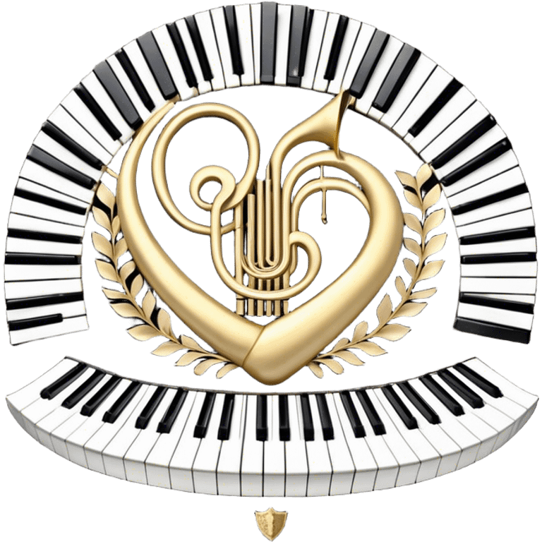 Create an elegant and festive emoji collage representing keyboard instruments, styled like a heraldic emblem. The design should feature a central focal point of black and white piano keys, arranged in a semi-circular or shield-like shape. Around the piano keys, add intertwining musical notes that form flowing ribbons, creating a dynamic and celebratory atmosphere. The design should be professional, with polished silver and gold accents on the keys and notes, highlighting the luxury and sophistication of the instruments. Add subtle shading and lighting effects to give the design a refined, 3D appearance. The background should remain transparent, and the overall feel should evoke grandeur, artistry, and a sense of celebration. emoji