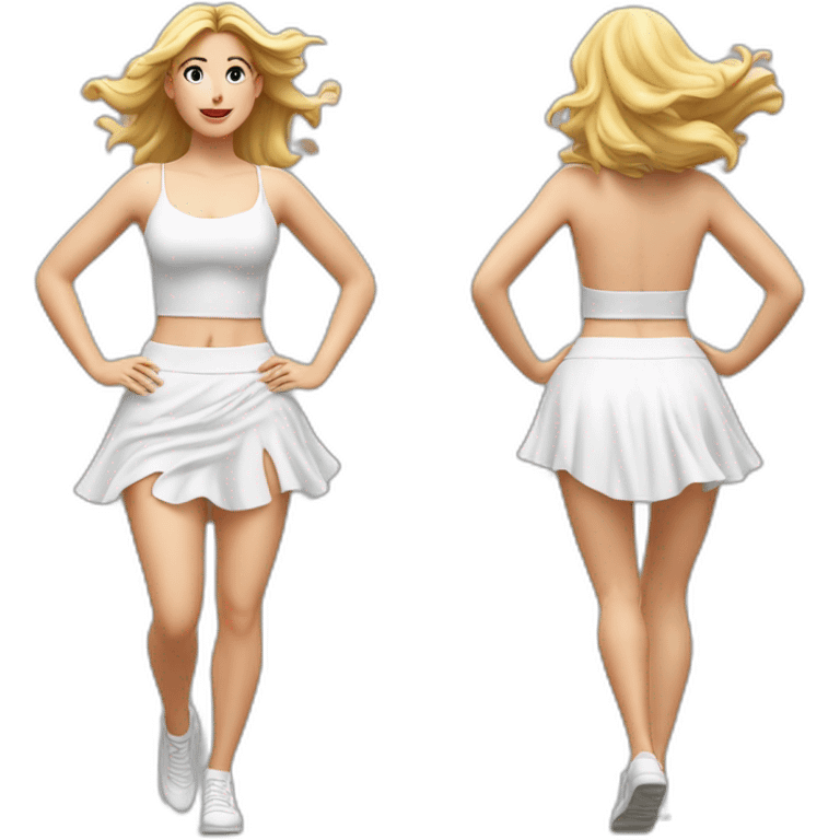 hyperrealistic-full-body-caucasian-curvy-beauty-jumping-white-skirt-back-and-front-views-strong-wind emoji