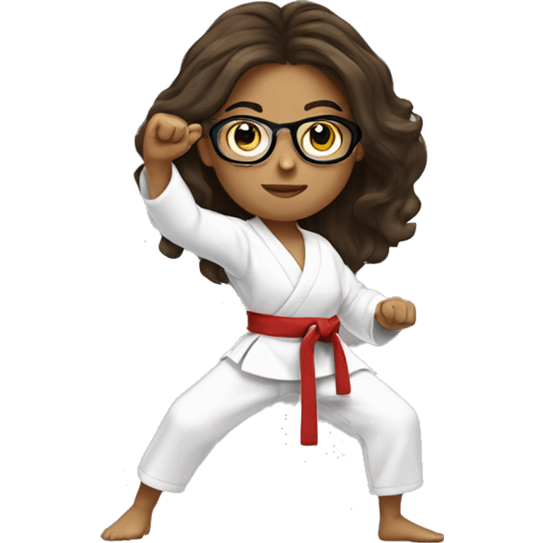 Girl doing karate stance with glasses, gold earring and long wavy brunette hair  emoji