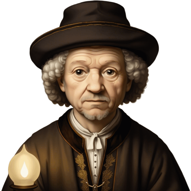 Cinematic Realistic portrait of Rembrandt, shown as a master artist with deep, introspective eyes and richly detailed period clothing, rendered with dramatic chiaroscuro lighting that emphasizes his legacy emoji