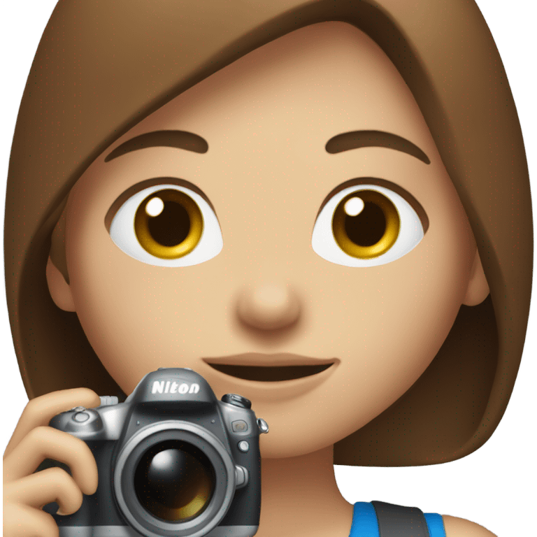 woman with brown hair and blue eyes holding a nikon camera emoji