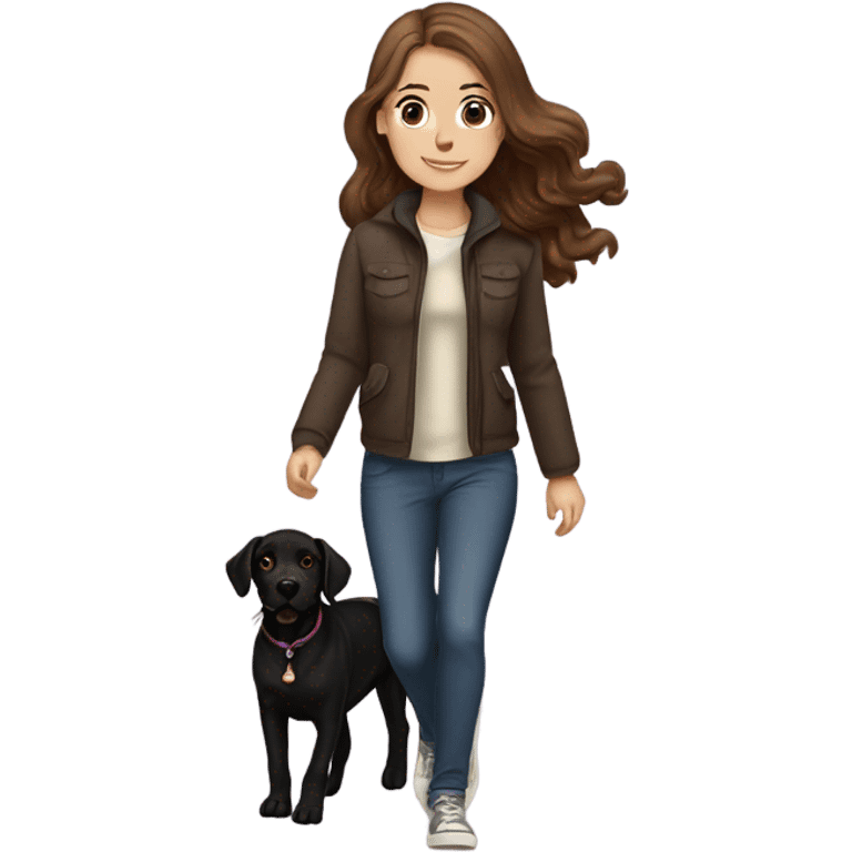 White girl with wavy brown hair walking a black Labrador emoji