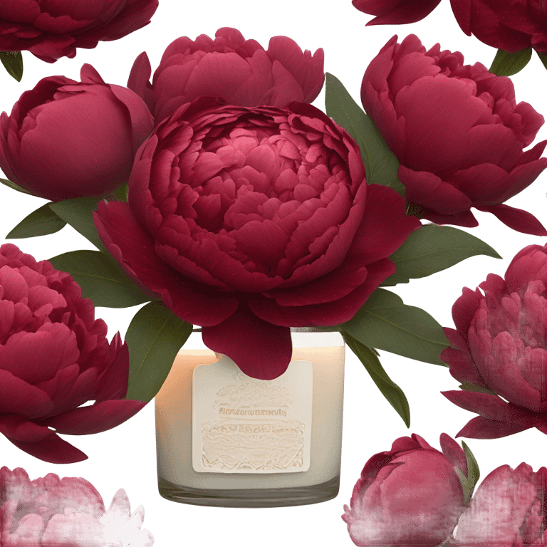 A cluster of deep red peonies and a flickering candle, tied together with a delicate lace ribbon emoji