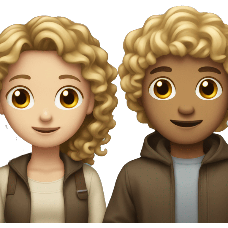 brunette girl with blonde boy with curly hair holding her emoji