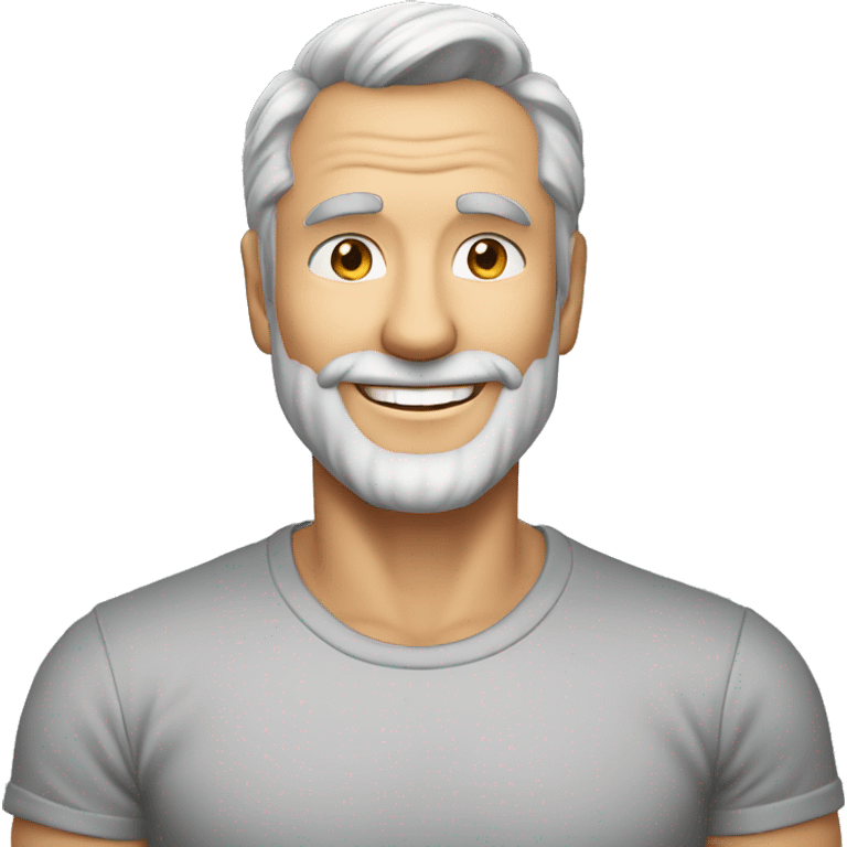 mid 50s dad, grinning, muscular, with beard, grey hair, portrait, wearing v necj t shirt emoji