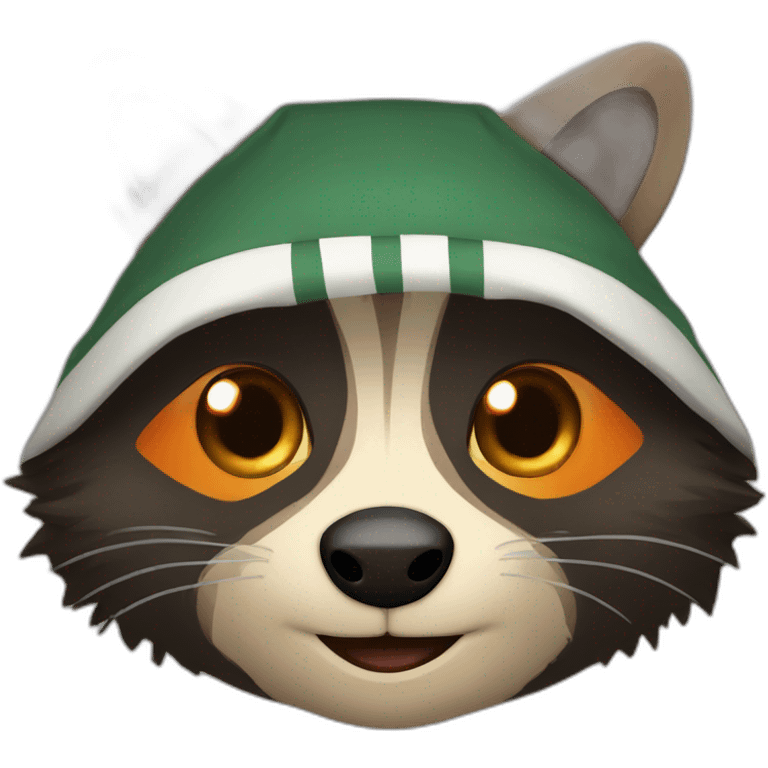 brown raccoon with orange eyes and a dark green hood that smile emoji