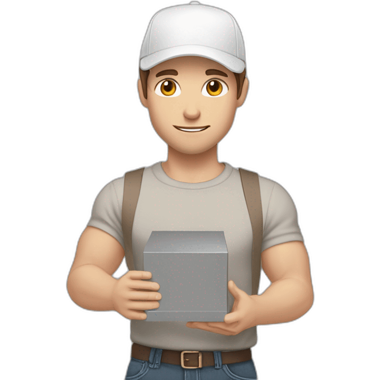 Pale skinned fit Man with dark brown hair in a light gray cap, dark brown jeans, brown polo and white T-shirt keeping a pasted with tape white box into his hands emoji