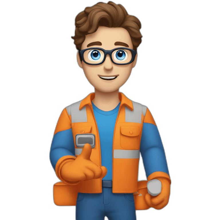 a guy with brown hair, square glasses, in an orange repairman's suit, blue eyes, stretches out his hand to the right emoji