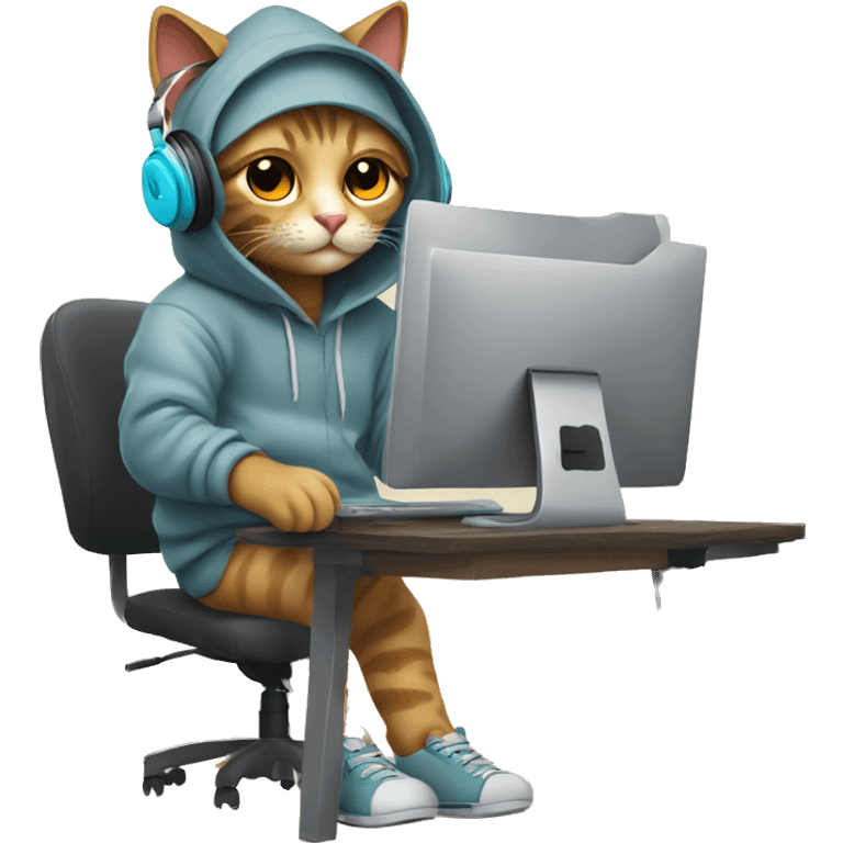 cat is a graphic designer in a hoodie and headphones, working at a computer in photoshop emoji