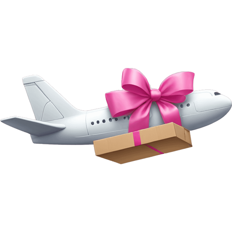 airplane with a parcel with a pink bow at the top emoji