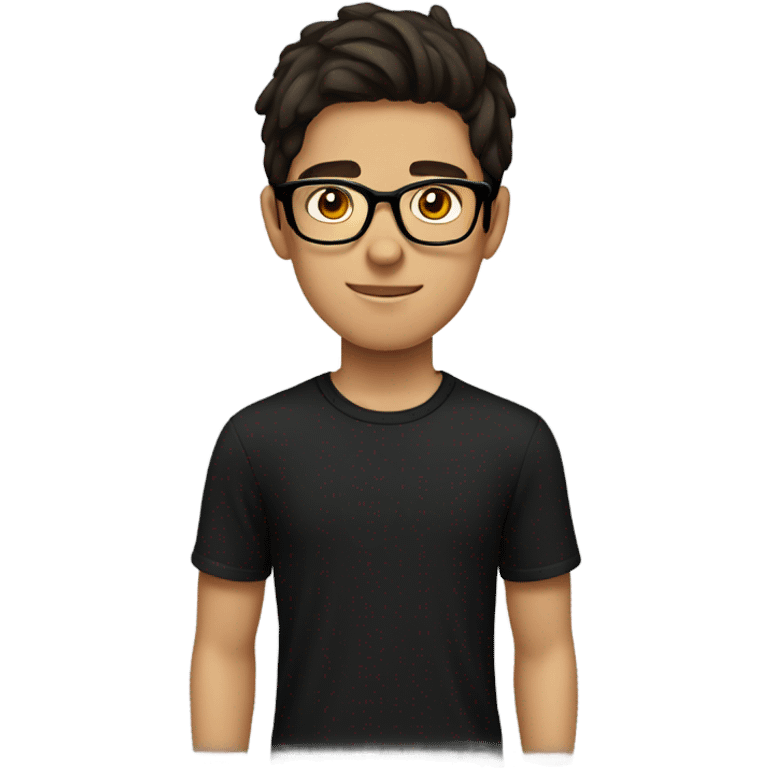 teenage boy with dark brown hair and black t shirt with glasses emoji