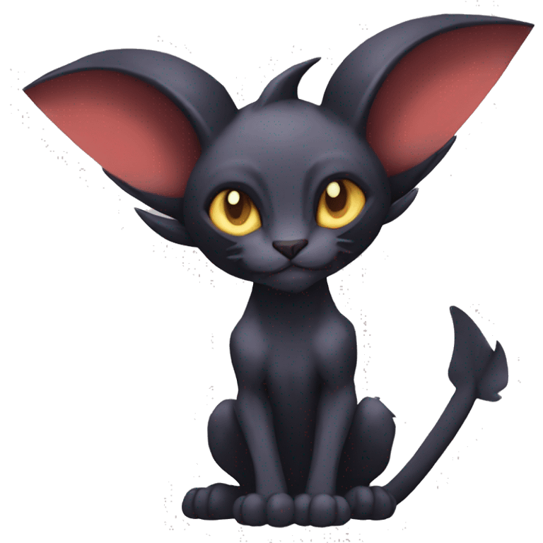 Black cool vampiric Noivern-Litten-Sphynx-Lykoi-Caracal-Fakemon with big bat ears full-body emoji