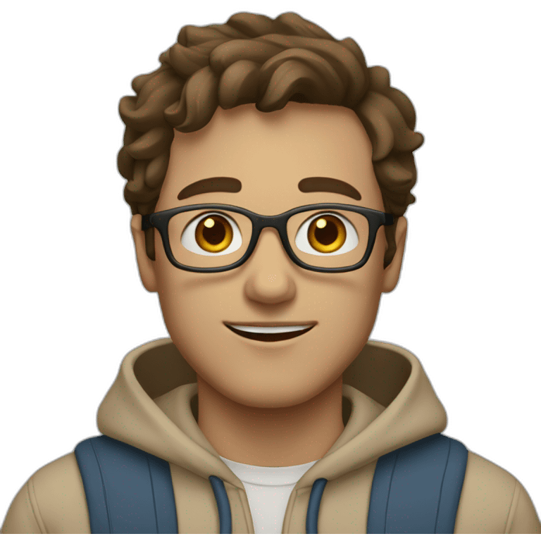 Man with blue eyes, glasses, brown hair wearing a beige hoodie emoji