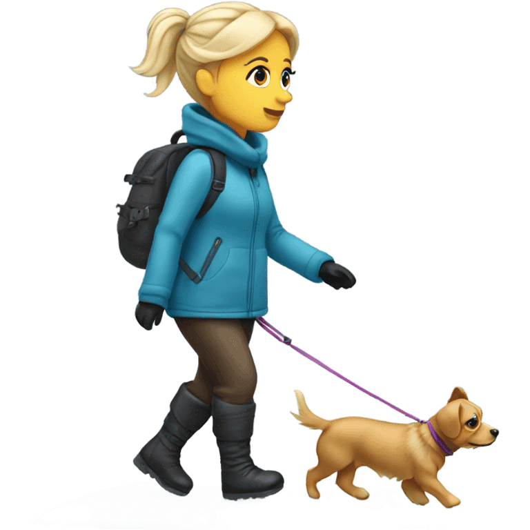 The back of a blonde woman walking a tiny dog on snow and ice  emoji