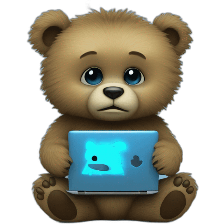 little blue neon punk bear with broken toy laptop emoji