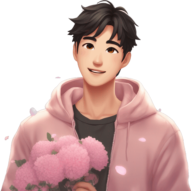 Gorgeous bright sparkly romantic Asian anime style guy with blushing face and flowers aesthetic trending style outside emoji