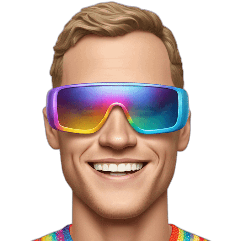 Fancy disco futuristic Jonathan Toews wearing rainbow lace shirt and wearing VR glasses and eating a moon pie emoji