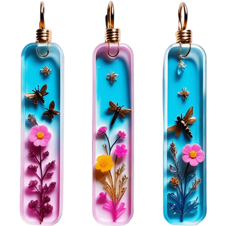 Epoxy resin art icon, jewelry and decorative items made with fluorescent epoxy resin, visible tubes of resin with bright colors, mixing tools, and molds, glowing effect on the resin, finished resin jewelry with dried flowers and insects embedded inside, minimalistic style, clean lines, transparent background. emoji