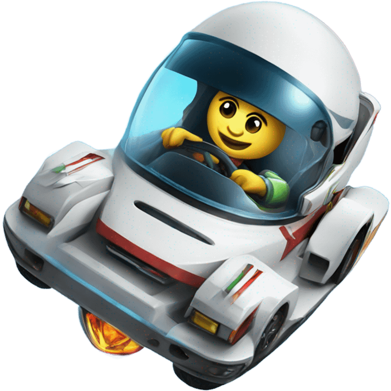 A race car in space racing an alien car emoji