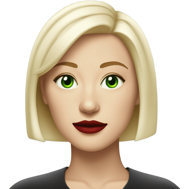 A strong white blonde woman with a medium asymmetrical haircut, green eyes, a mole underneath her rub red lips emoji