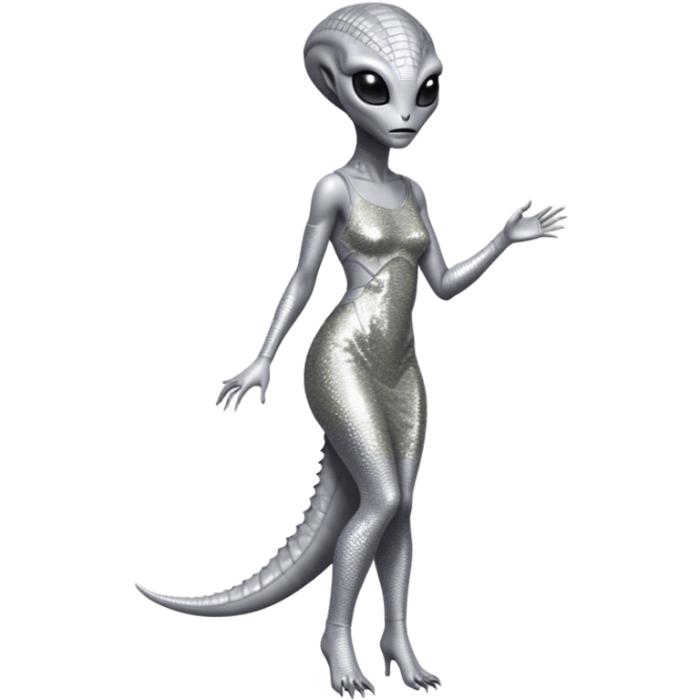 alien reptilian woman in silver dress, full body black eyes emoji