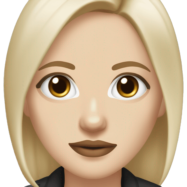 Slavic woman with blue eyes, fair skin, straight brown hair with blonde streaks medium bob, goth eyes makeup, beige lips, dressed in white T-shirt and office black jacket. emoji