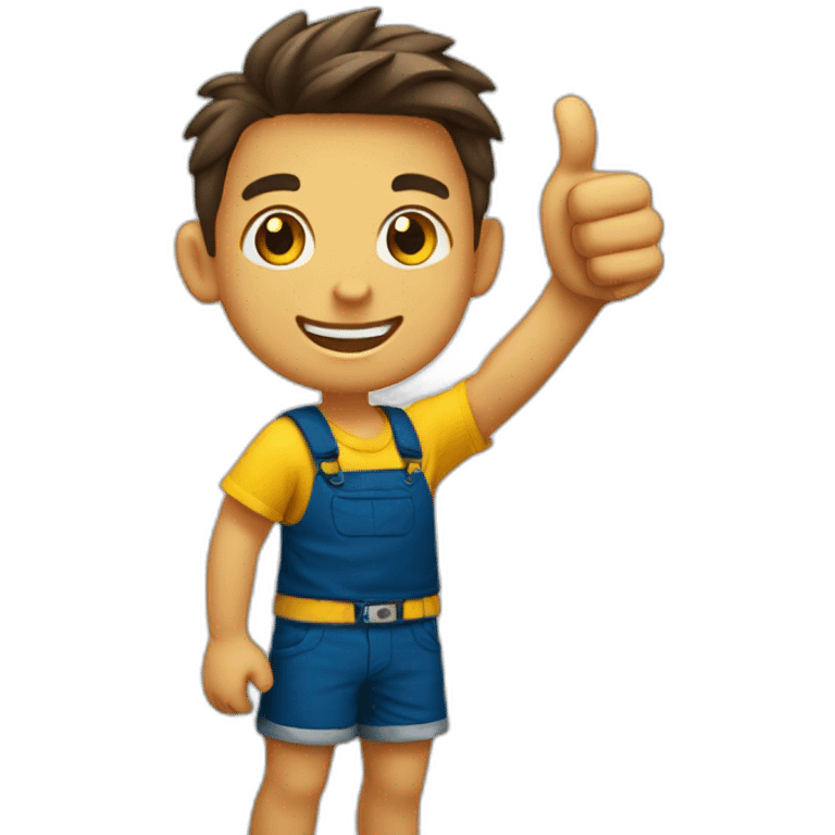 happy tan kid with yellow shirt and dark blue shorts thumbs up emoji