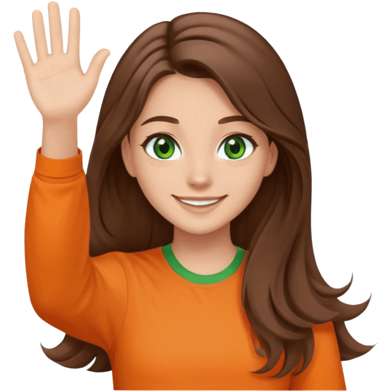 smiling girl with brown hair, long hair, middle hair split, waving, green eyes, orange shirt emoji