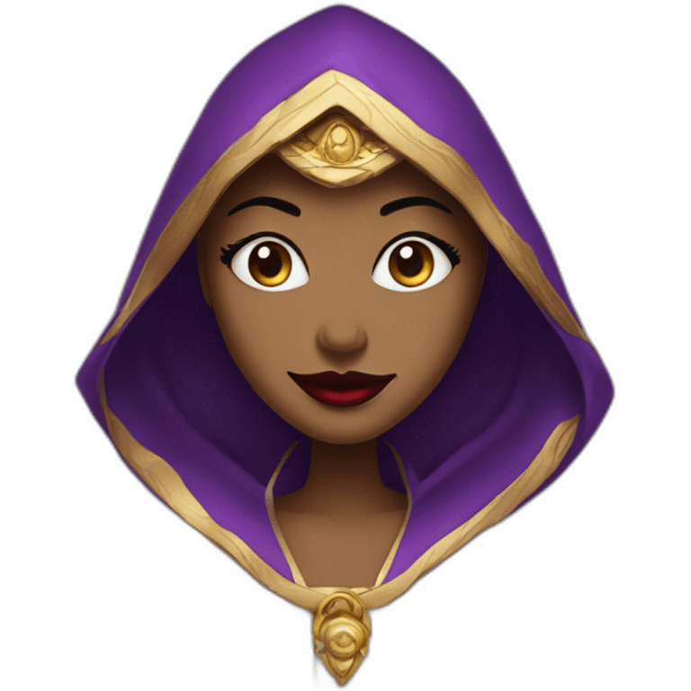 Empress, purple hodded robe, eyes covered, red lips, wicked grin emoji