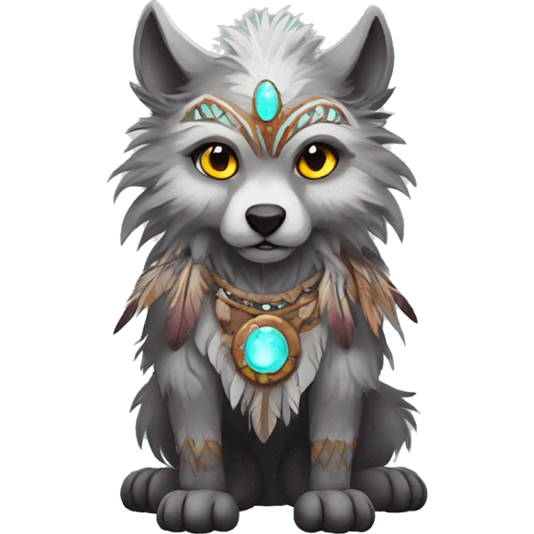 Fluffy Shy Spiritual Shamanic WereWolf With Shiny Tribal Markings wearing feathers Full Body emoji