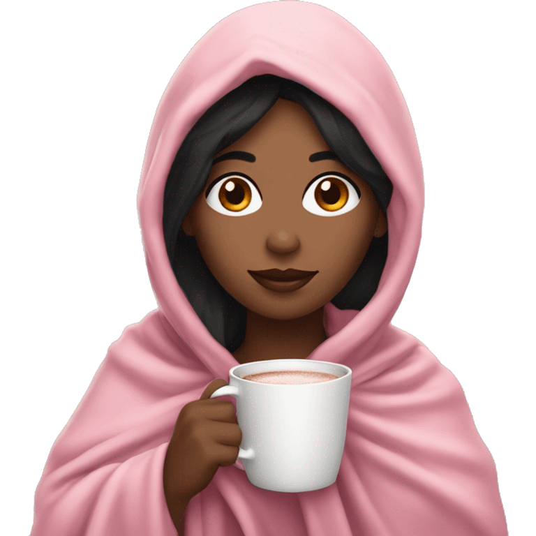 Fair skin woman  with black hair, in pink blanket drinking hot cocoa  emoji