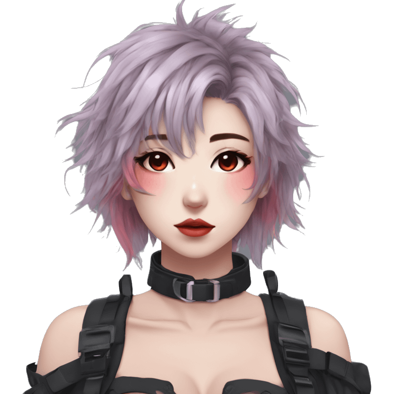 Gorgeous pastel techwear anime style lady with blushing face aesthetic and pretty edgy black red punk messy hair with collar and harness trending style emoji